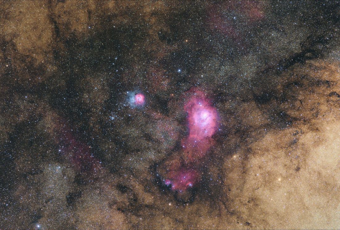Messier 8 and Messier 20, the nebulae of the Lagoon and Trifid