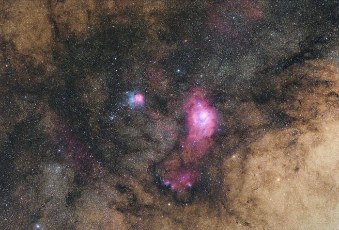 Messier 8 and Messier 20, the nebulae of the Lagoon and Trifid